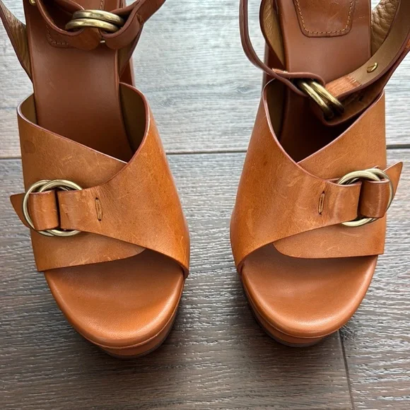 Chloe NWOT Kingsley Platform Leather Ankle Strap Women's caramel Leather Sandals - Picture 4 of 14